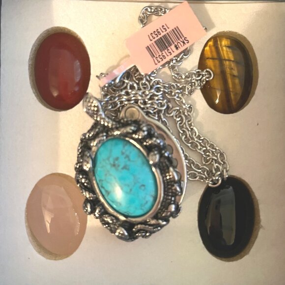 Silver Tone Necklace with Five Interchangeable Cabochon Gemsones New In Box - Picture 2 of 8